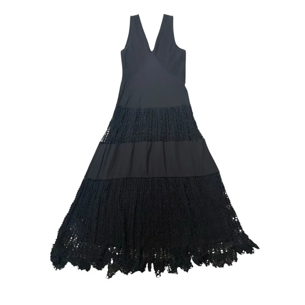 VTG Y2K Black Cotton Boho Maxi Dress Medium Smocked Crochet Knit‎ Slip Casual